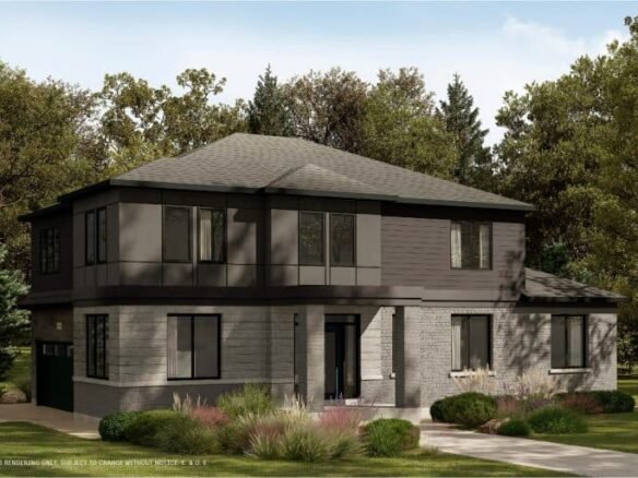 A modern two-story house with light and dark gray siding is nestled in The Conservancy, surrounded by a well-maintained lawn, shrubs, and trees. The clear sky allows the sun to cast gentle shadows on the house and garden.