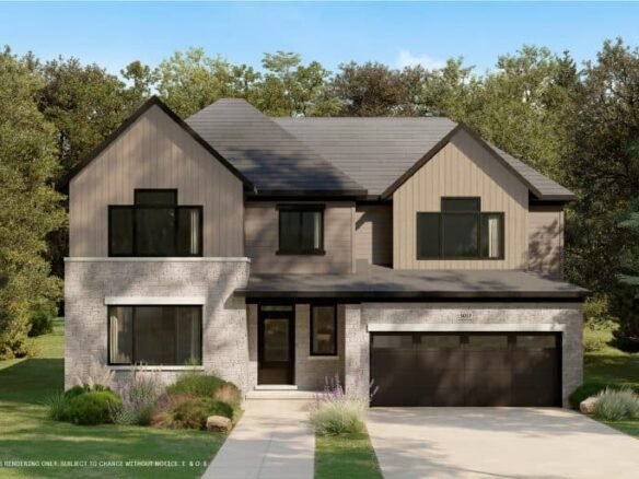 A two-story modern house with a mix of light and dark exterior finishes, large windows, and a two-car garage sits harmoniously within a lush conservancy. Surrounded by vibrant greenery under a clear blue sky, it offers an inviting blend of nature and contemporary design.