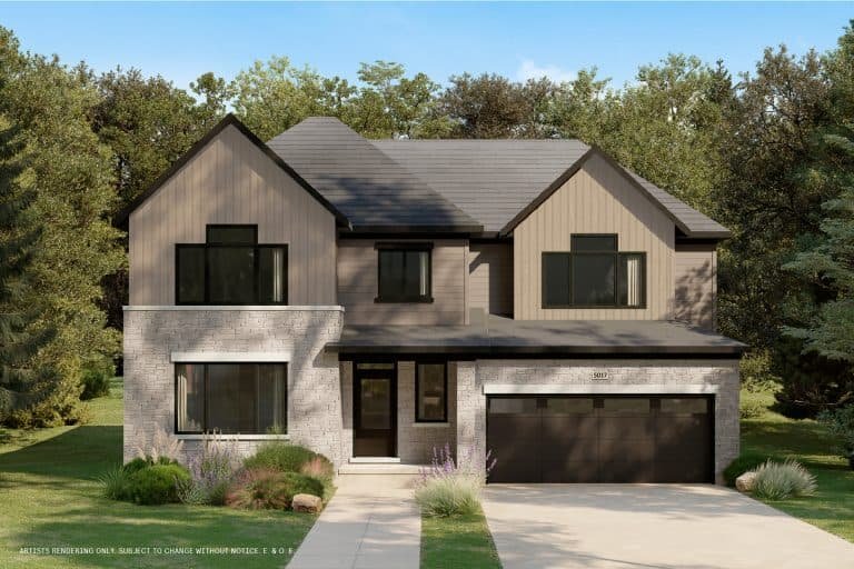 A two-story modern house with a mix of light and dark exterior finishes, large windows, and a two-car garage sits harmoniously within a lush conservancy. Surrounded by vibrant greenery under a clear blue sky, it offers an inviting blend of nature and contemporary design.