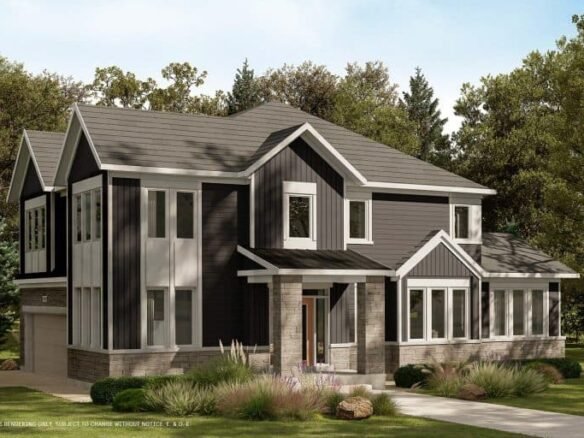 A modern two-story house with a dark gray exterior, large windows, and a combination of vertical and horizontal siding harmoniously blends with the surrounding conservancy of lush greenery and trees under a clear blue sky.