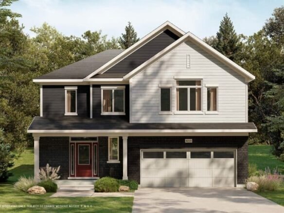 A modern two-story house with a black and white exterior, featuring a red front door and a spacious garage. Nestled in lush greenery and trees, the home boasts a well-maintained lawn, blending seamlessly into its surrounding conservancy.