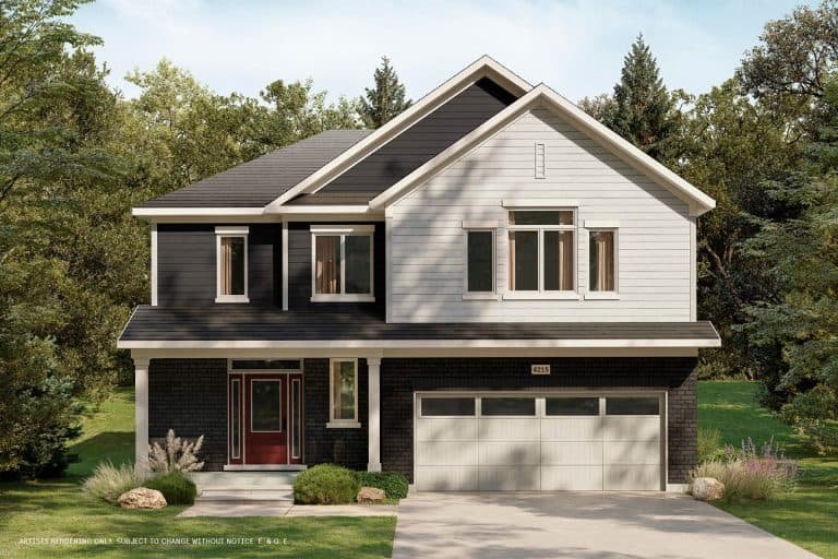 A modern two-story house with a black and white exterior, featuring a red front door and a spacious garage. Nestled in lush greenery and trees, the home boasts a well-maintained lawn, blending seamlessly into its surrounding conservancy.