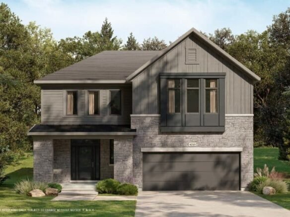 A modern two-story house with gray stone and wood exterior, blending seamlessly into its natural surroundings. It features large windows and a double garage. Nestled in a conservancy, the home is surrounded by a lush green lawn and trees, under a clear blue sky.