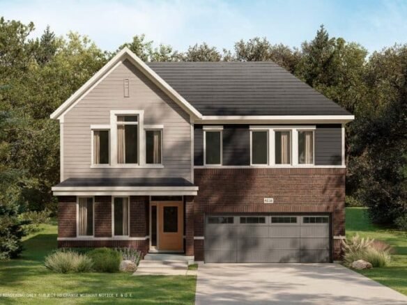 A two-story modern house with a mix of gray siding and red brick exterior sits gracefully in The Conservancy. Featuring a two-car garage, the home is surrounded by lush green grass and trees, all under a clear blue sky.