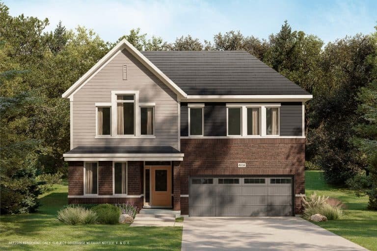 A two-story modern house with a mix of gray siding and red brick exterior sits gracefully in The Conservancy. Featuring a two-car garage, the home is surrounded by lush green grass and trees, all under a clear blue sky.