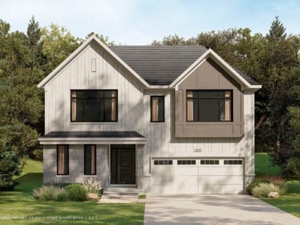 A modern two-story house with a light gray exterior, large black-framed windows, and a two-car garage. Nestled in lush greenery, the home embodies conservancy with its vertical paneling and stone facade that seamlessly blend into the natural surroundings.