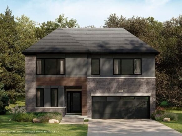 A modern two-story house with a dark roof, large windows, and a stone facade embraces environmental conservation. The property is surrounded by green grass, shrubs, and trees in a conservancy-style setting, with a driveway leading to a two-car garage under the clear blue sky.