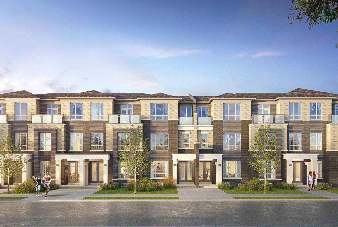 A modern row of three-story townhouses with large windows and balconies, set against a blue sky. The facade features brick and light stone accents. Trees and grass line the sidewalk, with a few people and a parked car visible. Perfect for those seeking new homes in Brampton.