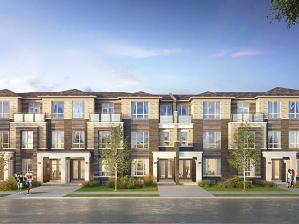 A modern row of three-story townhouses with large windows and balconies, set against a blue sky. The facade features brick and light stone accents. Trees and grass line the sidewalk, with a few people and a parked car visible. Perfect for those seeking new homes in Brampton.