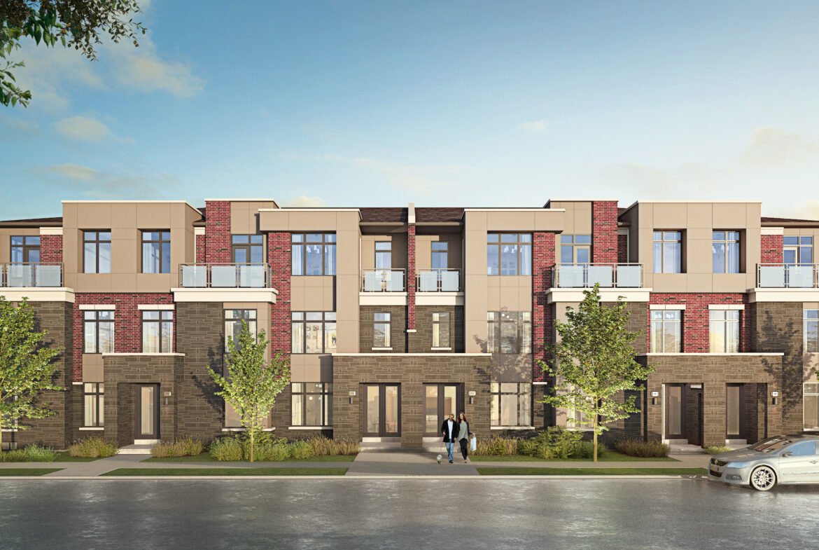 A modern townhouse complex with three stories features a mix of brick and beige panels, surrounded by green trees. A man walks a dog along the left sidewalk, while a couple stands near the entrance. A white car is parked on the street, highlighting these stylish new homes in Brampton.