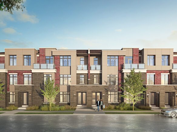 A modern townhouse complex with three stories features a mix of brick and beige panels, surrounded by green trees. A man walks a dog along the left sidewalk, while a couple stands near the entrance. A white car is parked on the street, highlighting these stylish new homes in Brampton.