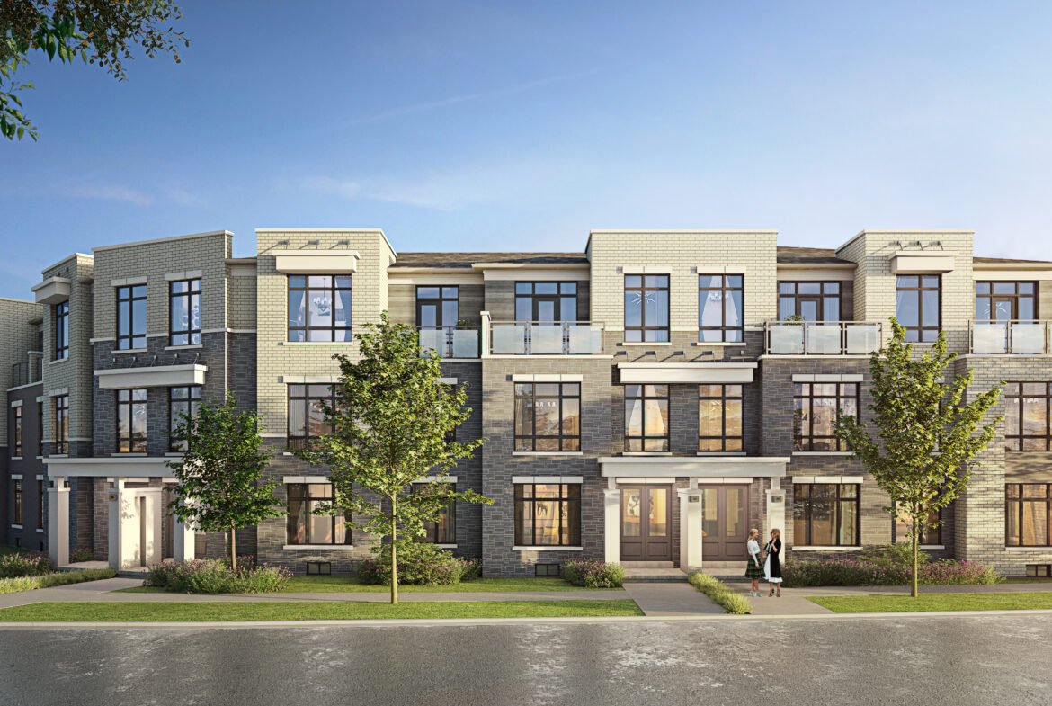 A contemporary three-story apartment building features expansive windows and a blend of light and dark brick exteriors. Surrounded by lush greenery and trees, a few people stroll along the sidewalk in front. Set under a clear sky, it's an ideal location for those seeking new homes.