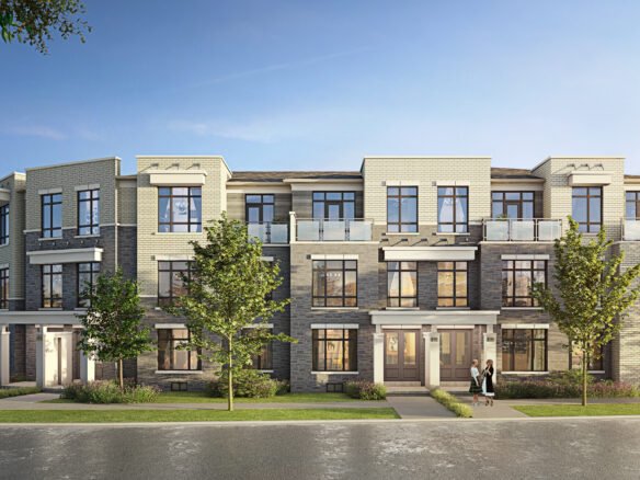 A contemporary three-story apartment building features expansive windows and a blend of light and dark brick exteriors. Surrounded by lush greenery and trees, a few people stroll along the sidewalk in front. Set under a clear sky, it's an ideal location for those seeking new homes.