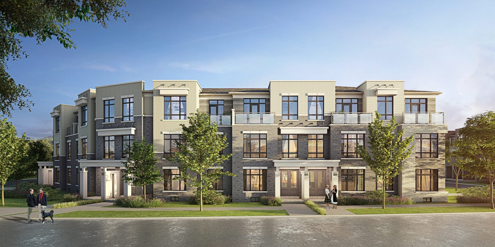 A contemporary three-story apartment building features expansive windows and a blend of light and dark brick exteriors. Surrounded by lush greenery and trees, a few people stroll along the sidewalk in front. Set under a clear sky, it's an ideal location for those seeking new homes.