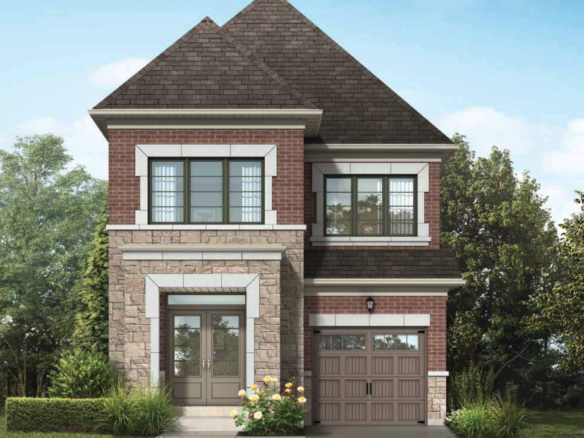 Experience a stunning two-story house featuring a red brick and stone facade, large windows, and a front door with glass panels. The property boasts a single garage door, surrounded by beautiful trees. Discover the charm of this new home in Brampton with its vibrant front yard adorned with bushes and yellow flowers.