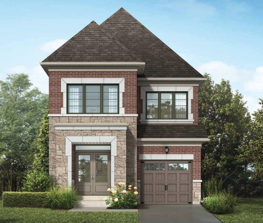 Experience a stunning two-story house featuring a red brick and stone facade, large windows, and a front door with glass panels. The property boasts a single garage door, surrounded by beautiful trees. Discover the charm of this new home in Brampton with its vibrant front yard adorned with bushes and yellow flowers.