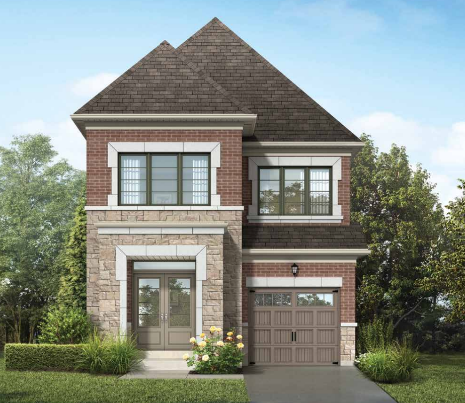 Experience a stunning two-story house featuring a red brick and stone facade, large windows, and a front door with glass panels. The property boasts a single garage door, surrounded by beautiful trees. Discover the charm of this new home in Brampton with its vibrant front yard adorned with bushes and yellow flowers.