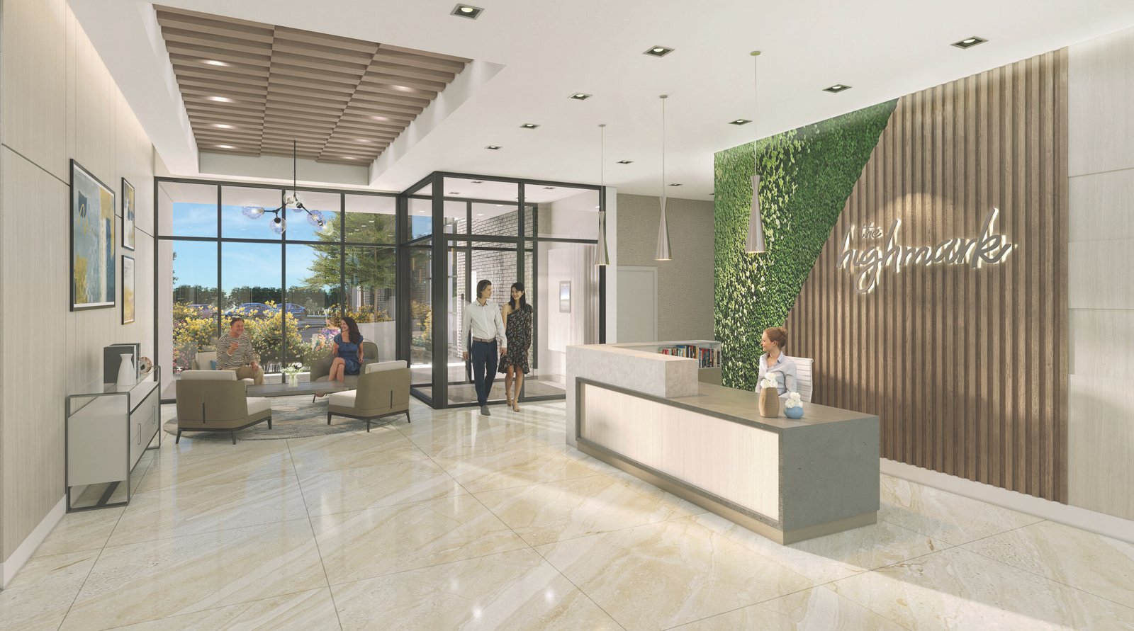The modern office reception area features a receptionist at a desk, three individuals entering through glass doors, and two people seated on sofas. The stylish decor includes a green vertical garden and a wood accent wall with "Highmark." It's reminiscent of new homes in Brampton with its contemporary design.