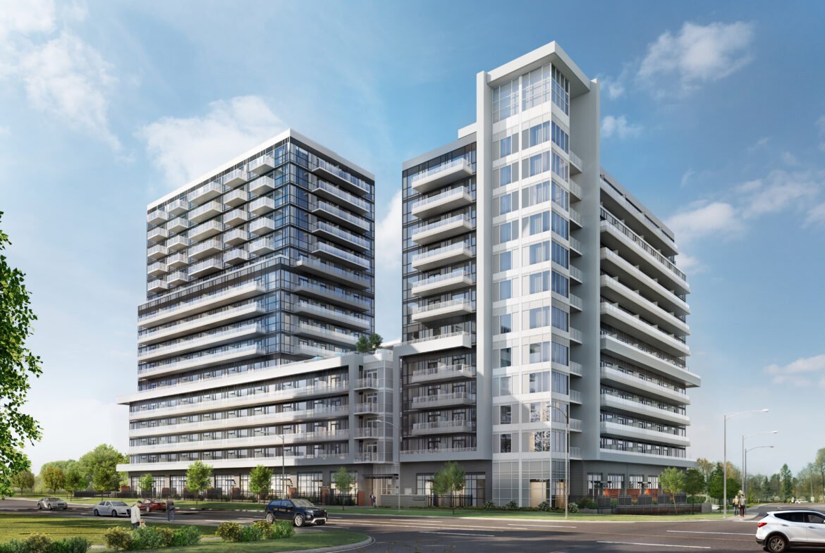 Discover a sleek apartment complex boasting two tall buildings with glass balconies. These new condos in GTA are nestled amid lush greenery and beneath a clear blue sky. Cars are conveniently parked out front, while elegant trees line the street.