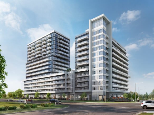 Discover a sleek apartment complex boasting two tall buildings with glass balconies. These new condos in GTA are nestled amid lush greenery and beneath a clear blue sky. Cars are conveniently parked out front, while elegant trees line the street.