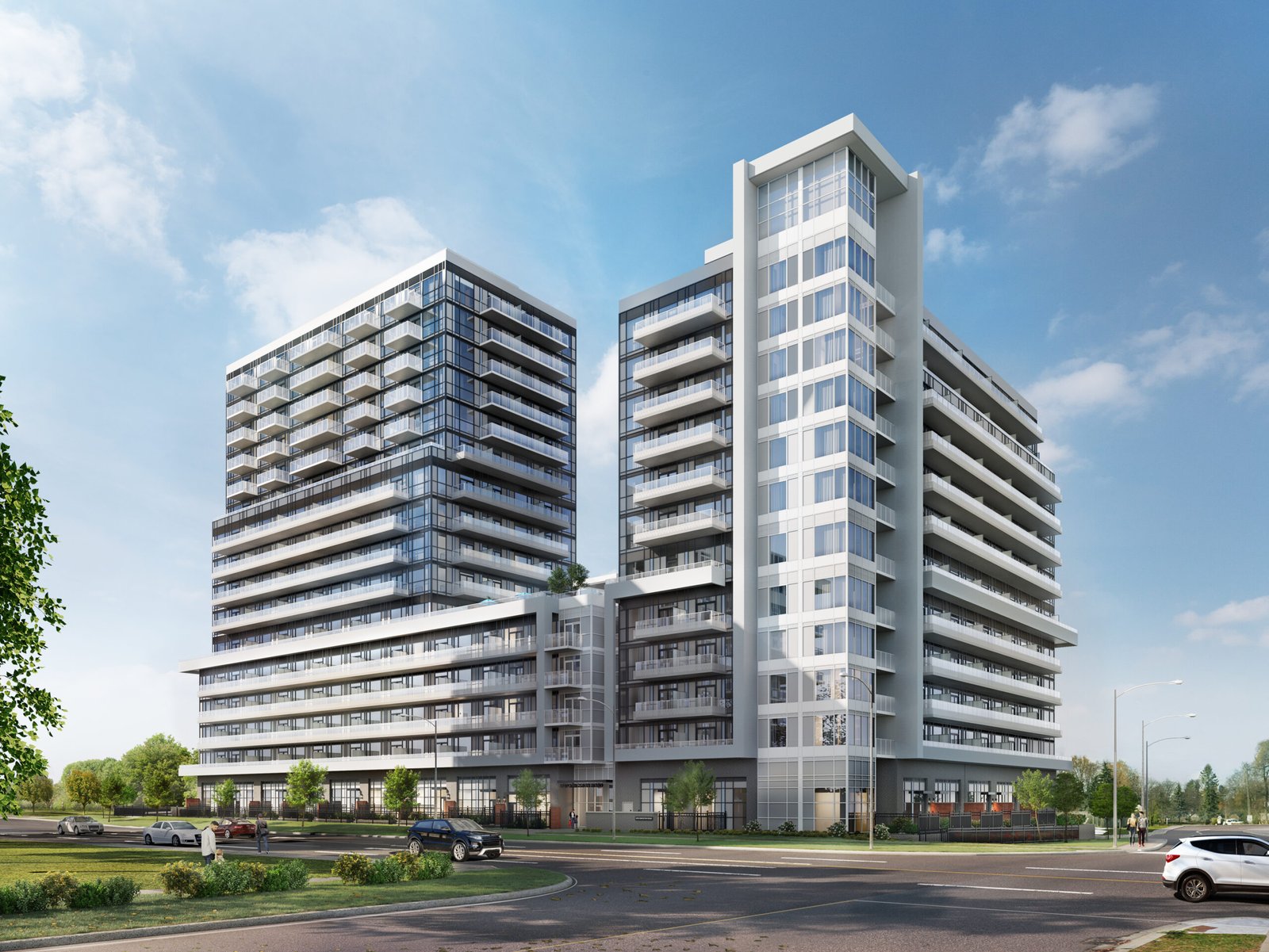 Discover a sleek apartment complex boasting two tall buildings with glass balconies. These new condos in GTA are nestled amid lush greenery and beneath a clear blue sky. Cars are conveniently parked out front, while elegant trees line the street.