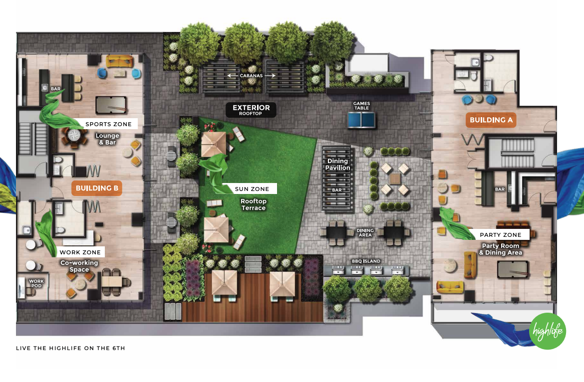 Illustrated layout of a modern rooftop terrace in new condos in GTA, showcasing a sun zone with seating and grass, sports zone with lounge and bar, co-working spaces, party zone, building entrances, and lush greenery.