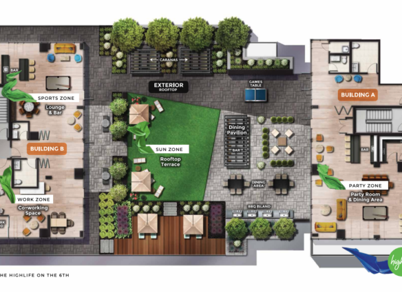 Illustrated layout of a modern rooftop terrace in new condos in GTA, showcasing a sun zone with seating and grass, sports zone with lounge and bar, co-working spaces, party zone, building entrances, and lush greenery.