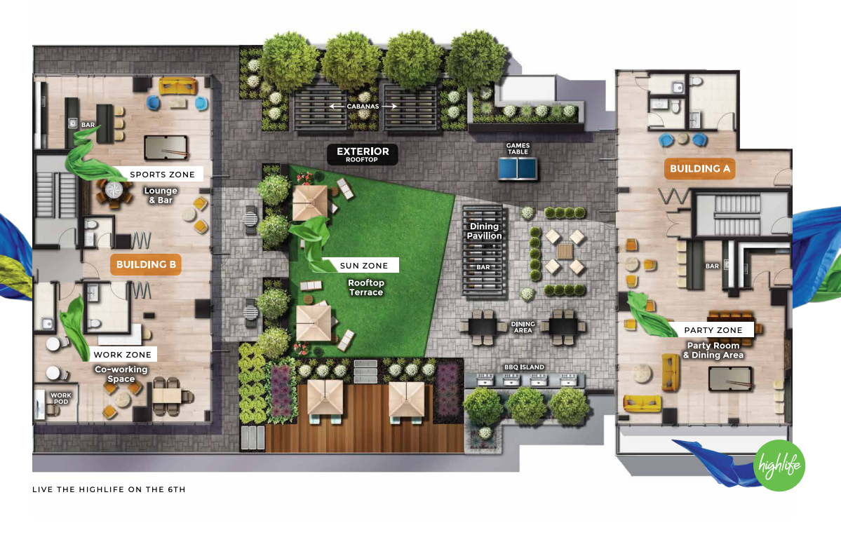 Illustrated layout of a modern rooftop terrace in new condos in GTA, showcasing a sun zone with seating and grass, sports zone with lounge and bar, co-working spaces, party zone, building entrances, and lush greenery.