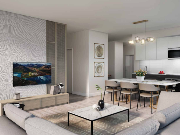 Discover a contemporary living room and kitchen in one of the new homes in Brampton. Enjoy neutral tones with a textured wall showcasing a TV, a beige L-shaped sofa, and a sleek white coffee table beside a standing lamp. The kitchen boasts white cabinetry, a dining table for six, and stylish pendant lighting.