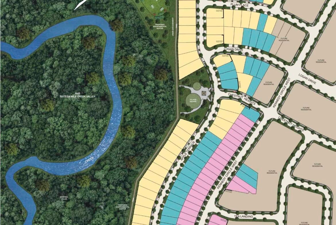 Explore the map of a residential development area by the Valleylands at Sixteen Mile Creek displaying new homes. It features vibrant plots, a creek, wooded areas, and clearly labeled roads. A Fieldgate Homes logo and a legend with plot types offer further insights.