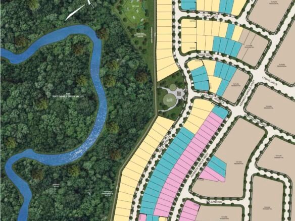 Explore the map of a residential development area by the Valleylands at Sixteen Mile Creek displaying new homes. It features vibrant plots, a creek, wooded areas, and clearly labeled roads. A Fieldgate Homes logo and a legend with plot types offer further insights.