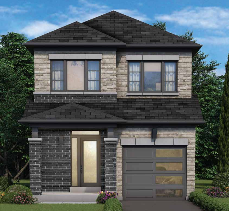 A two-story house, part of new homes in Brampton, showcases a modern aesthetic with its mix of dark and light brick exterior. It features a stylish front door and a garage with frosted glass panels. The home is surrounded by lush green bushes and trees under a vibrant blue sky.