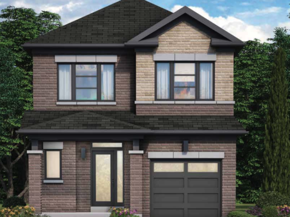 A two-story brick house showcases a dark shingled roof with large windows and a modern front door. With its single garage, the home is nestled among green shrubs and a lush lawn under a blue sky with clouds. Ideal for those looking at new homes in Brampton.