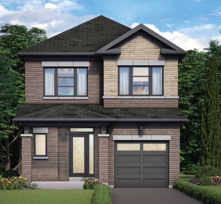 A two-story brick house showcases a dark shingled roof with large windows and a modern front door. With its single garage, the home is nestled among green shrubs and a lush lawn under a blue sky with clouds. Ideal for those looking at new homes in Brampton.