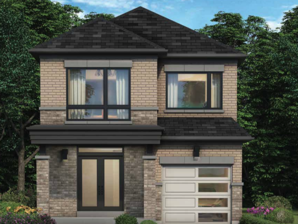 A modern two-story house with a beige brick and stone exterior, large front windows, and a dark shingled roof. It includes a garage with translucent doors, surrounded by greenery and flowers. This stunning example of new homes reflects the beauty under the clear, blue sky.