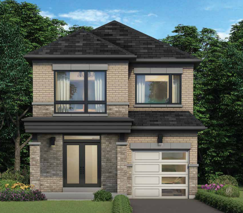A modern two-story house with a beige brick and stone exterior, large front windows, and a dark shingled roof. It includes a garage with translucent doors, surrounded by greenery and flowers. This stunning example of new homes reflects the beauty under the clear, blue sky.