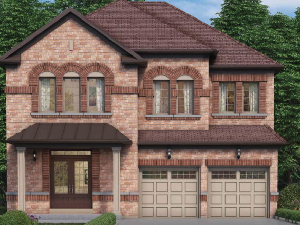 A beautiful two-story brick house with a brown roof, featuring a covered front porch and double garage doors, is part of the new homes in Brampton. It boasts a neatly landscaped front yard with trees in the background under a partly cloudy sky.