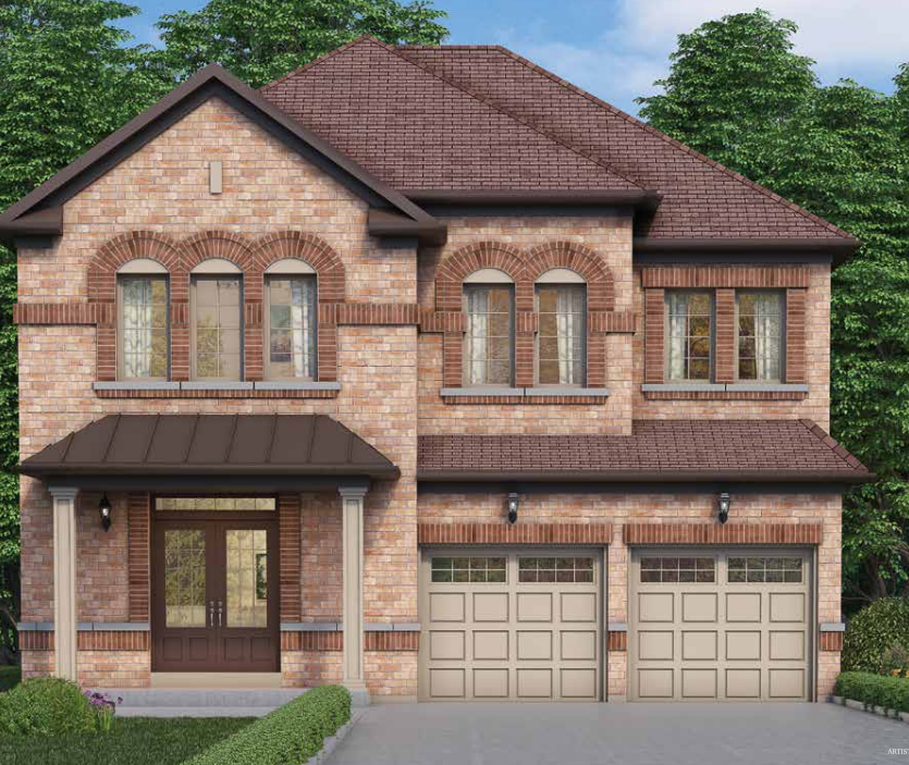 A beautiful two-story brick house with a brown roof, featuring a covered front porch and double garage doors, is part of the new homes in Brampton. It boasts a neatly landscaped front yard with trees in the background under a partly cloudy sky.