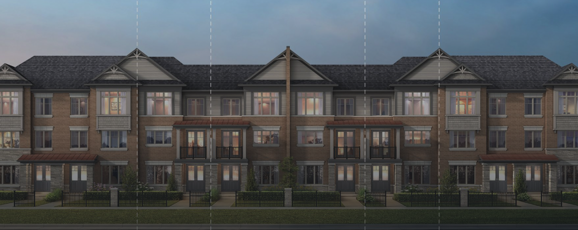 A symmetrical row of modern townhouses at dusk features large windows, brick and siding exteriors, gabled roofs, and small front gardens. Soft interior lights glow from within, enhancing the evening ambiance of these new homes. 