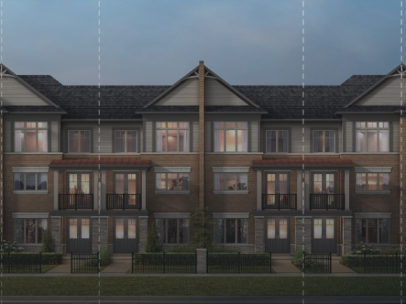 A symmetrical row of modern townhouses at dusk features large windows, brick and siding exteriors, gabled roofs, and small front gardens. Soft interior lights glow from within, enhancing the evening ambiance of these new homes. 
