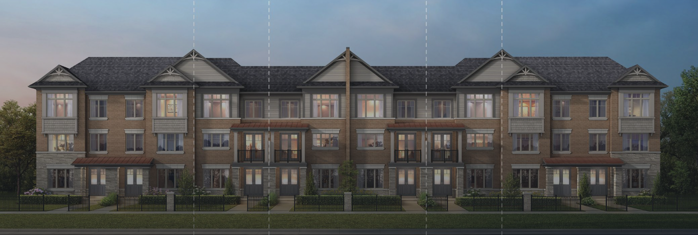 A symmetrical row of modern townhouses at dusk features large windows, brick and siding exteriors, gabled roofs, and small front gardens. Soft interior lights glow from within, enhancing the evening ambiance of these new homes. 