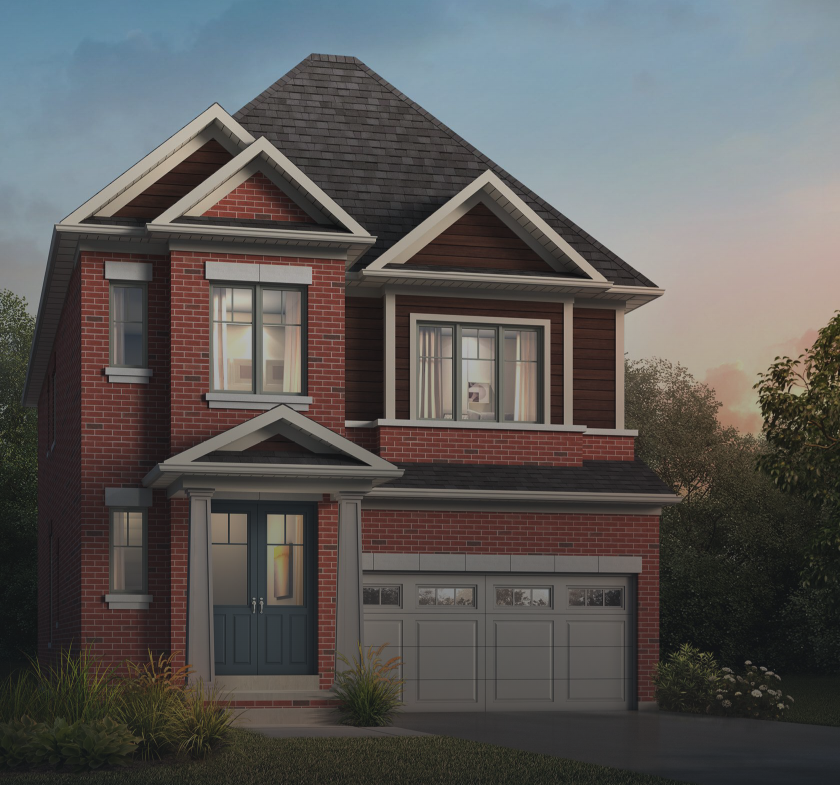 A two-story brick house with a dark gray roof and large windows features prominently, with a gray garage door complementing the design. There's a small landscaped garden in the front and trees silhouetted against the twilight sky, offering an elegant alternative to new condos in GTA.