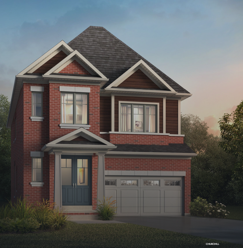 A two-story brick house with a dark gray roof and large windows features prominently, with a gray garage door complementing the design. There's a small landscaped garden in the front and trees silhouetted against the twilight sky, offering an elegant alternative to new condos in GTA.