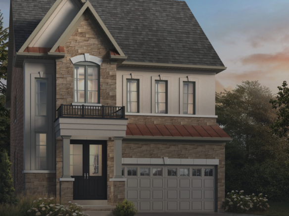 This charming two-story house features a gabled roof, a stone and stucco exterior, and an elegant black front door. The garage has two doors with a quaint balcony above. Surrounded by shrubs in the front yard, this home exudes charm reminiscent of new homes with its timeless design.