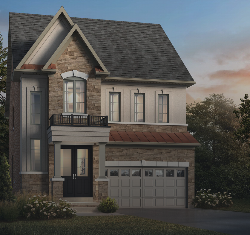 This charming two-story house features a gabled roof, a stone and stucco exterior, and an elegant black front door. The garage has two doors with a quaint balcony above. Surrounded by shrubs in the front yard, this home exudes charm reminiscent of new homes with its timeless design.