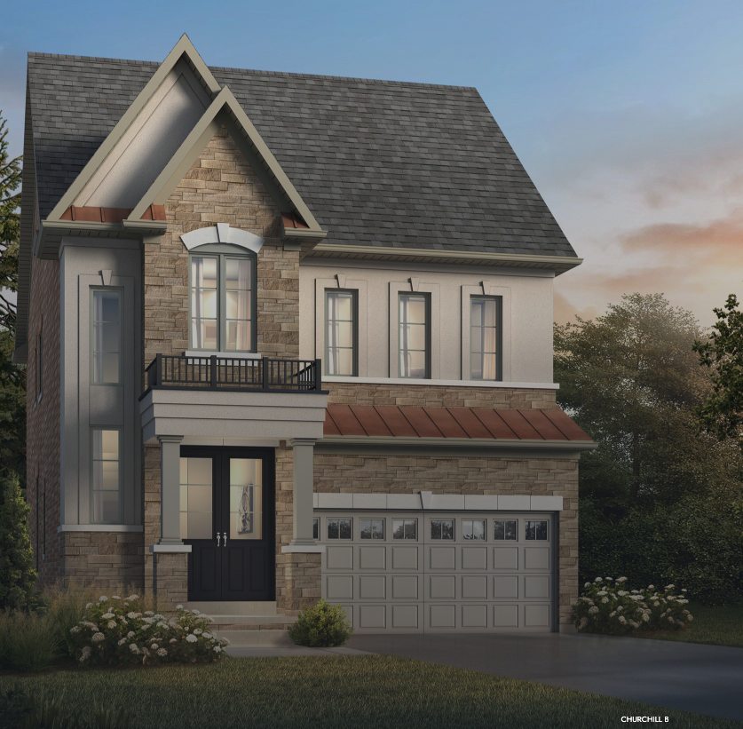 This charming two-story house features a gabled roof, a stone and stucco exterior, and an elegant black front door. The garage has two doors with a quaint balcony above. Surrounded by shrubs in the front yard, this home exudes charm reminiscent of new homes with its timeless design.