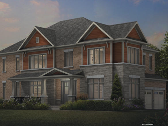 This two-story house, a gem among new homes in Brampton, boasts a mix of stone and wood siding with large windows and a charming covered entryway. The landscaped surroundings feature lush shrubs and trees, under a mostly clear sky dotted with soft, colorful clouds.