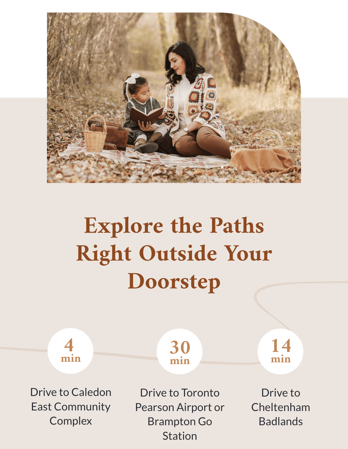 A mother and daughter sit on a blanket in a forest, reading together by their new home. A basket is nearby. The text above reads, "Explore the Paths Right Outside Your Doorstep," with drive times to nearby locations listed below.