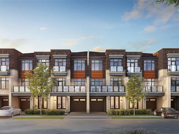 A modern three-story townhouse complex with large windows and balconies features a mix of stone and wood accents. Three cars are parked in front, and a few trees line the street under a clear blue sky. Discover pre-construction homes that offer style and comfort in this picturesque setting.