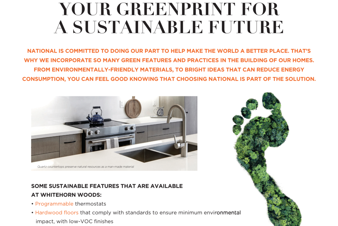 Promotional image for Whitehorn Woods featuring a green footprint and kitchen image. Title: "Your Greenprint for a Sustainable Future." Text highlights sustainable features, including programmable thermostats and hardwood floors, in these new homes in Toronto.